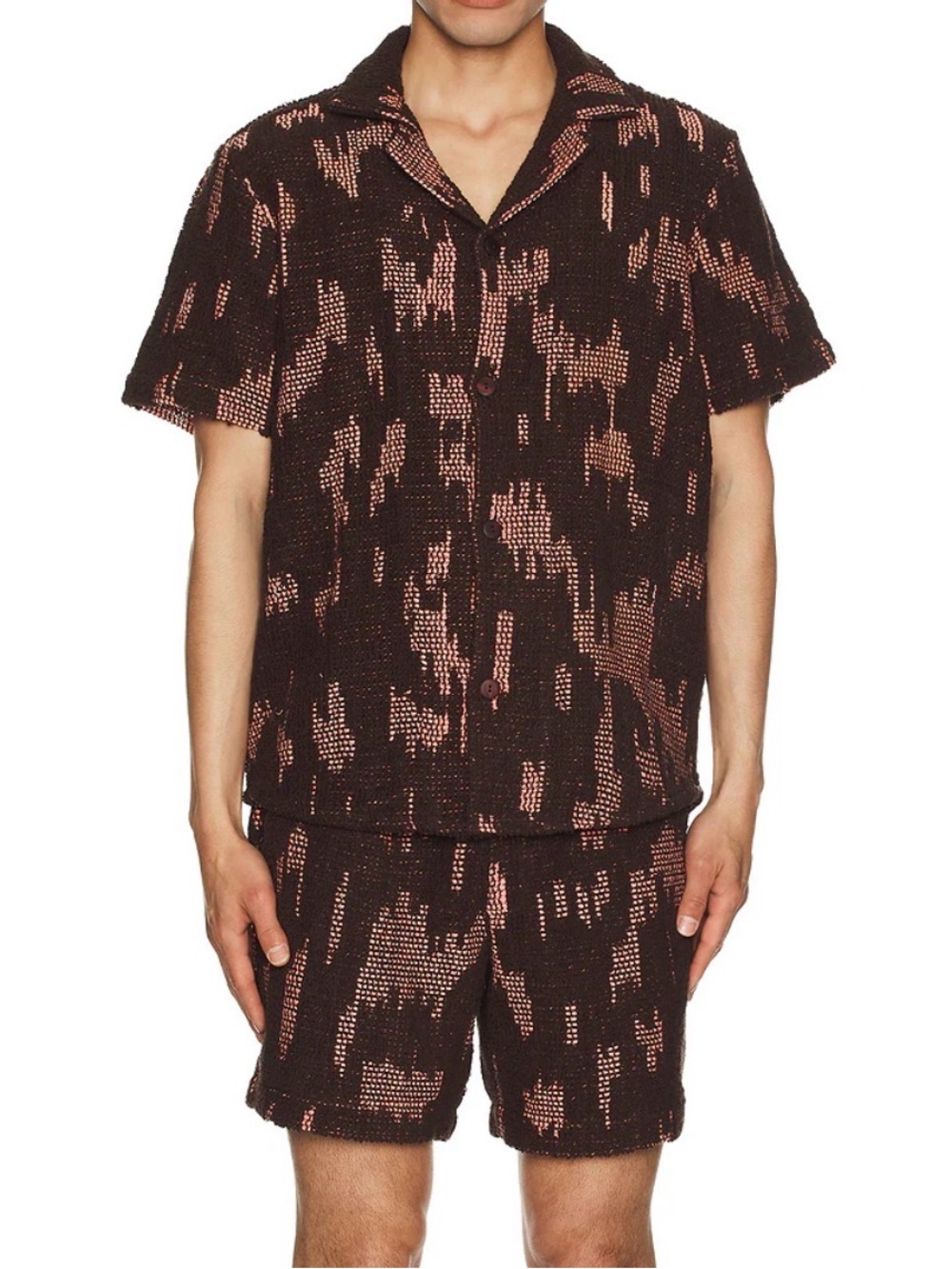 OAS Crochet Brown and Pink Short-Sleeve Button Shirt AND Shorts SET